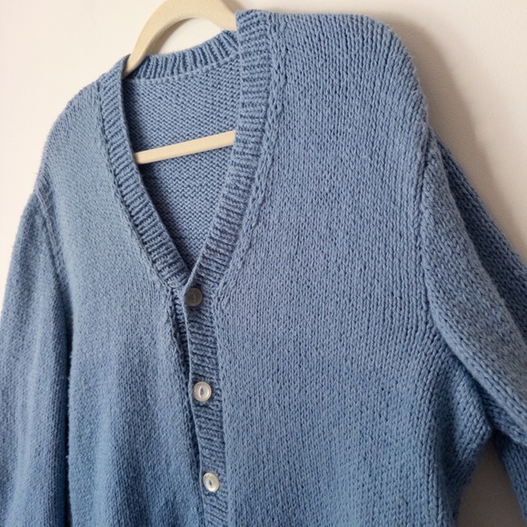 Vintage Handmade Light Blue Knit Cardigan Womens L Chunky Grandpa Sweater Indie - Picture 2 of 9